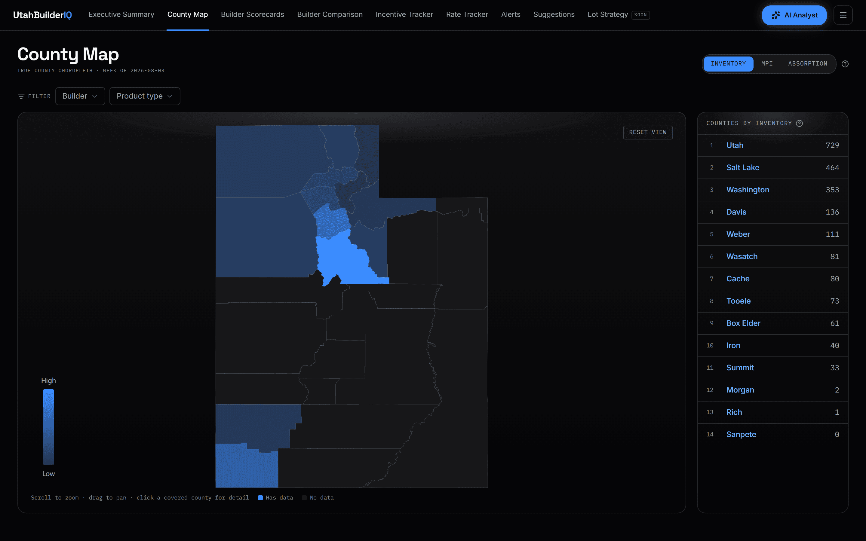 County Map showing Utah counties shaded by standing inventory beside the ranked county list