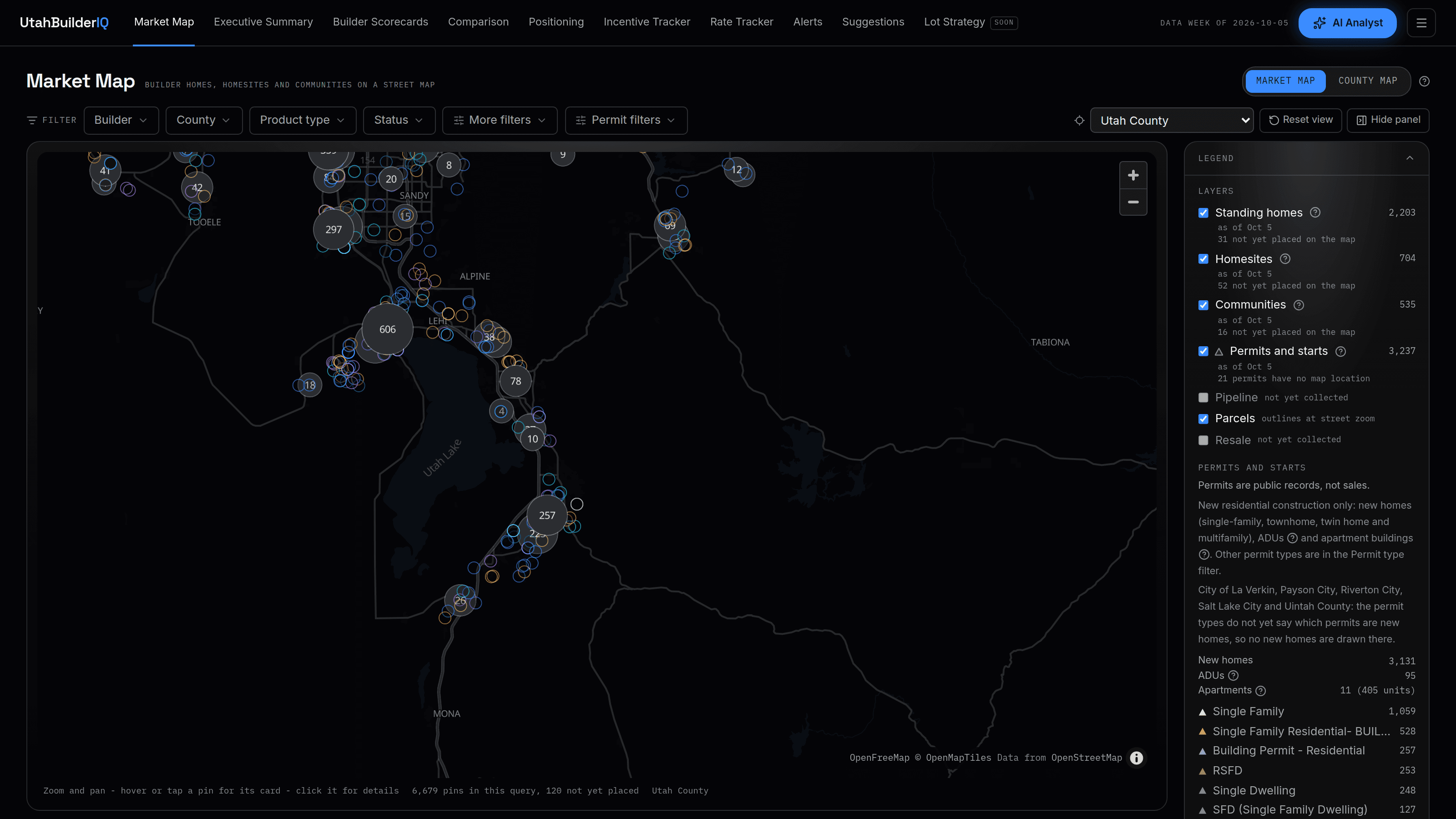 Market Map of Utah with builder homes, homesites, communities and permits